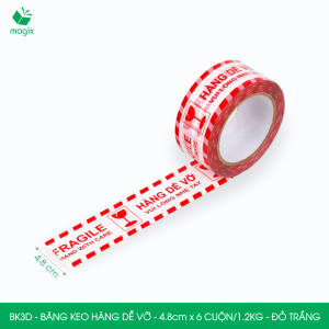 BK3D - 4.8cm - Block 6 cuộn/1.2kg - Băng keo HÀNG DỄ VỠ màu đỏ trắng
